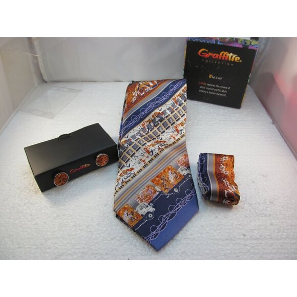 Mens Silk Tie Hanky and Cuff Link Set by Graffitie New in Box - Picture 13 of 14